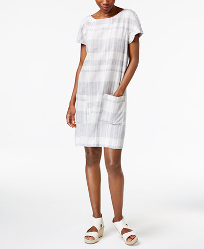 Eileen Fisher Organic Cotton-Linen Blend Boat-Neck Striped Shift Dress, Regular & Petite