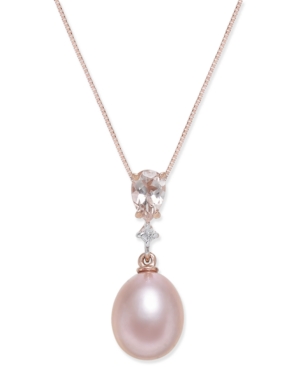 image of Pink Cultured Freshwater Pearl (8-1/2mm), Morganite (3/8 ct. t.w.) and Diamond Accent Pendant Necklace in 14k Rose Gold