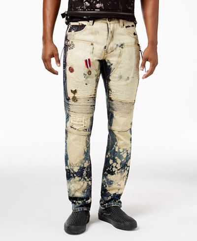 Heritage America Men's Bleached Decorated Moto Jeans