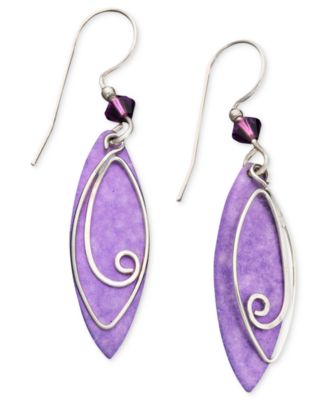 Jody Coyote - Patina Brass Earrings, Purple Leaf Drop Earrings