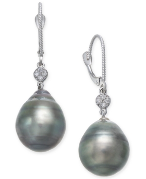 image of Cultured Black Tahitian Pearl (12mm) and Diamond Accent Drop Earrings in 14k White Gold
