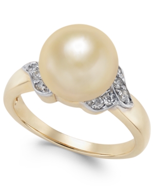 image of Cultured Golden South Sea Pearl (9mm) and Diamond (1/6 ct. t.w.) Ring in 14k Gold