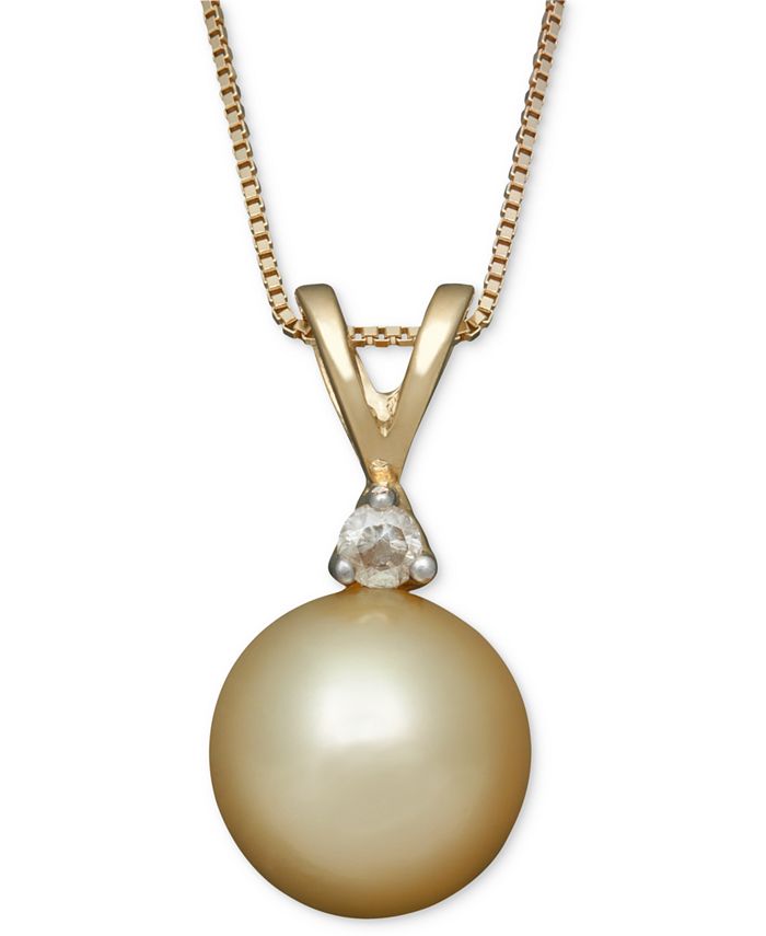 Belle de Mer - Golden South Sea Pearl (8mm) and Diamond Accent Pendant Necklace in 14k Gold
