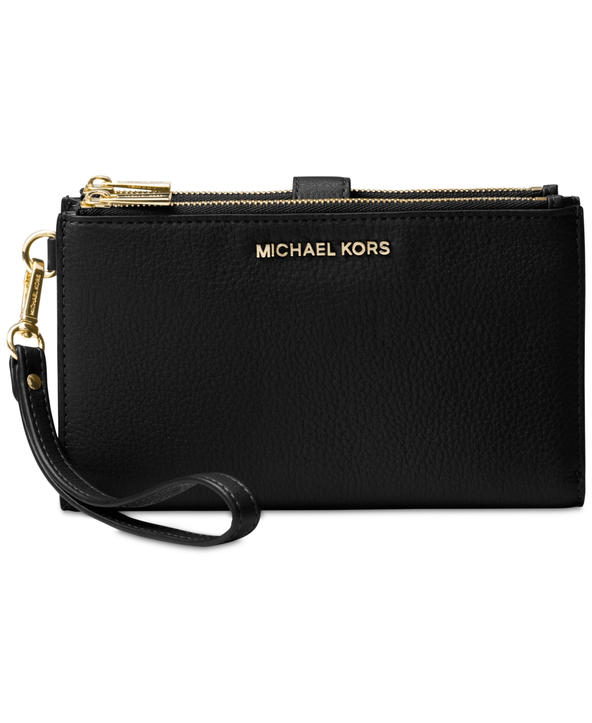 Michael Kors Michael  Adele Double-zip Pebble Leather Phone Wristlet In Black,gold