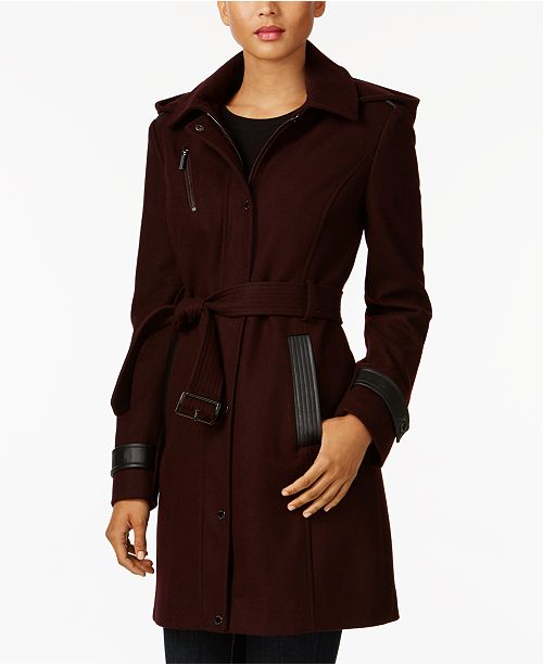 Michael Kors Faux-Leather-Trim Walker Coat & Reviews - Coats - Women ...