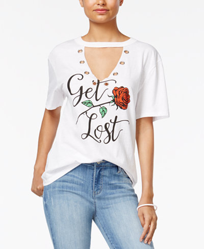 Love Tribe Juniors' Get Lost Cutout Graphic T-Shirt with Bracelet