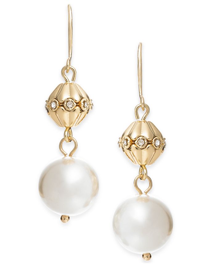 Charter Club Gold-Tone Imitation Pearl & Crystal Drop Earrings, Created ...