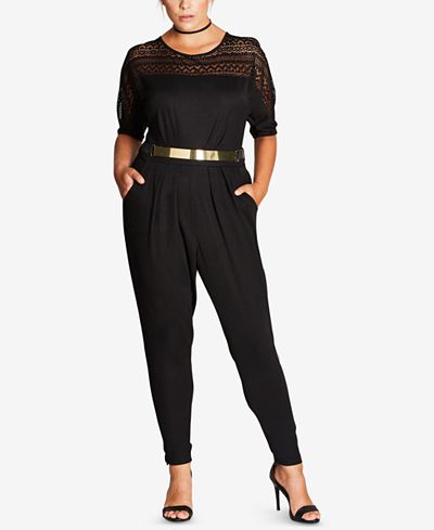 City Chic Trendy Plus Size Lace-Trim Jumpsuit - Pants ...