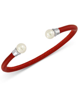 Majorica - Silver-Tone Imitation Pearl Red Leather Bangle Bracelet