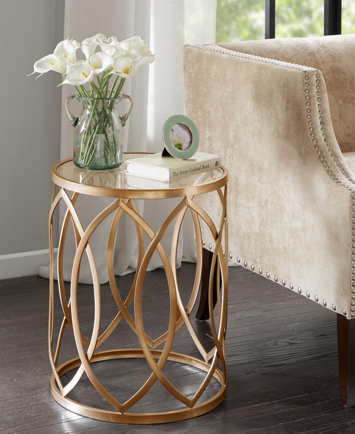 Madison Park Arlo Round Glam Luxury Metal Eyelet Accent Table with Tempered Glass Top