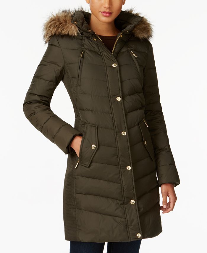 Michael Michael Kors Women's Faux-Fur-Trim Hooded Puffer Coat, Created for Macy's - Taupe - Size M