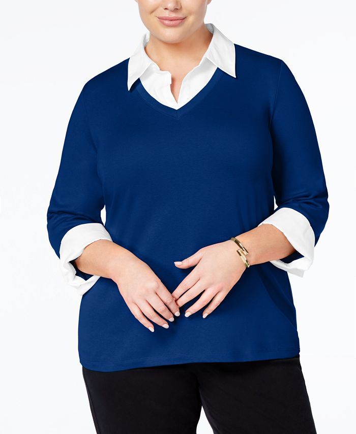 Karen Scott Plus Size Cotton Layered-Look Top, Created for Macy's - Macy's