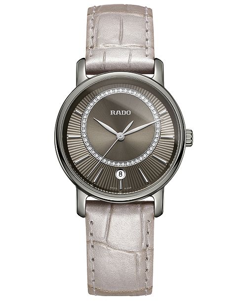 Rado Women S Swiss Diamaster Diamond 0 14 Ct T W Beige Leather Strap Watch 33mm Reviews All Fine Jewelry Jewelry Watches Macy S