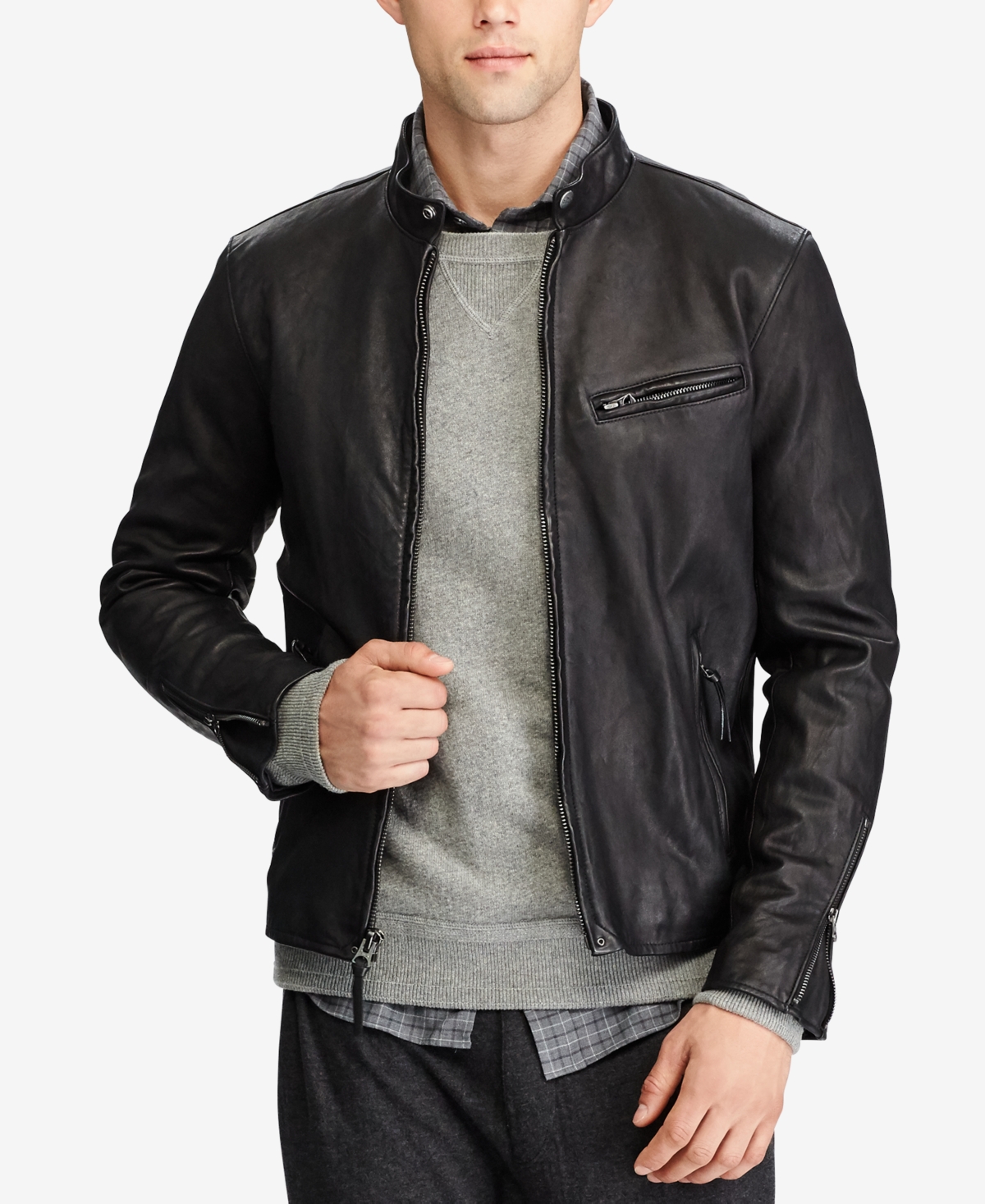 Men's Cafe Racer Leather Jacket - Polo Black