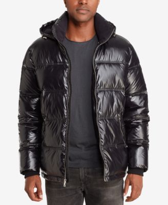 mens shiny puffer jacket with fur hood