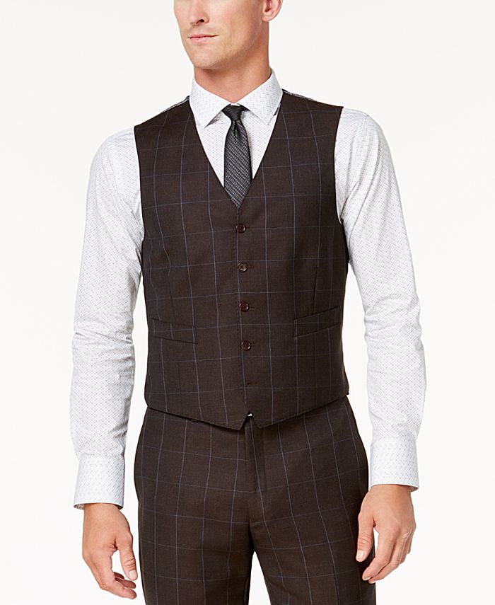 Tallia Men's Slim-Fit Brown Textured Windowpane Vested Wool Suit - Macy's