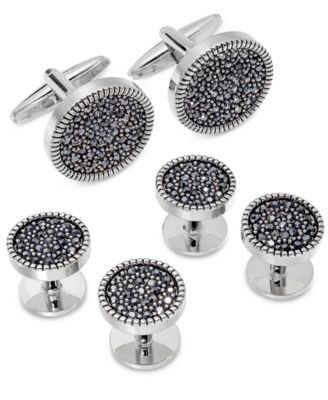 Rhona Sutton - Men's Silver-Tone Jet Cubic Zirconia Cufflinks & Tuxedo Buttons Set
