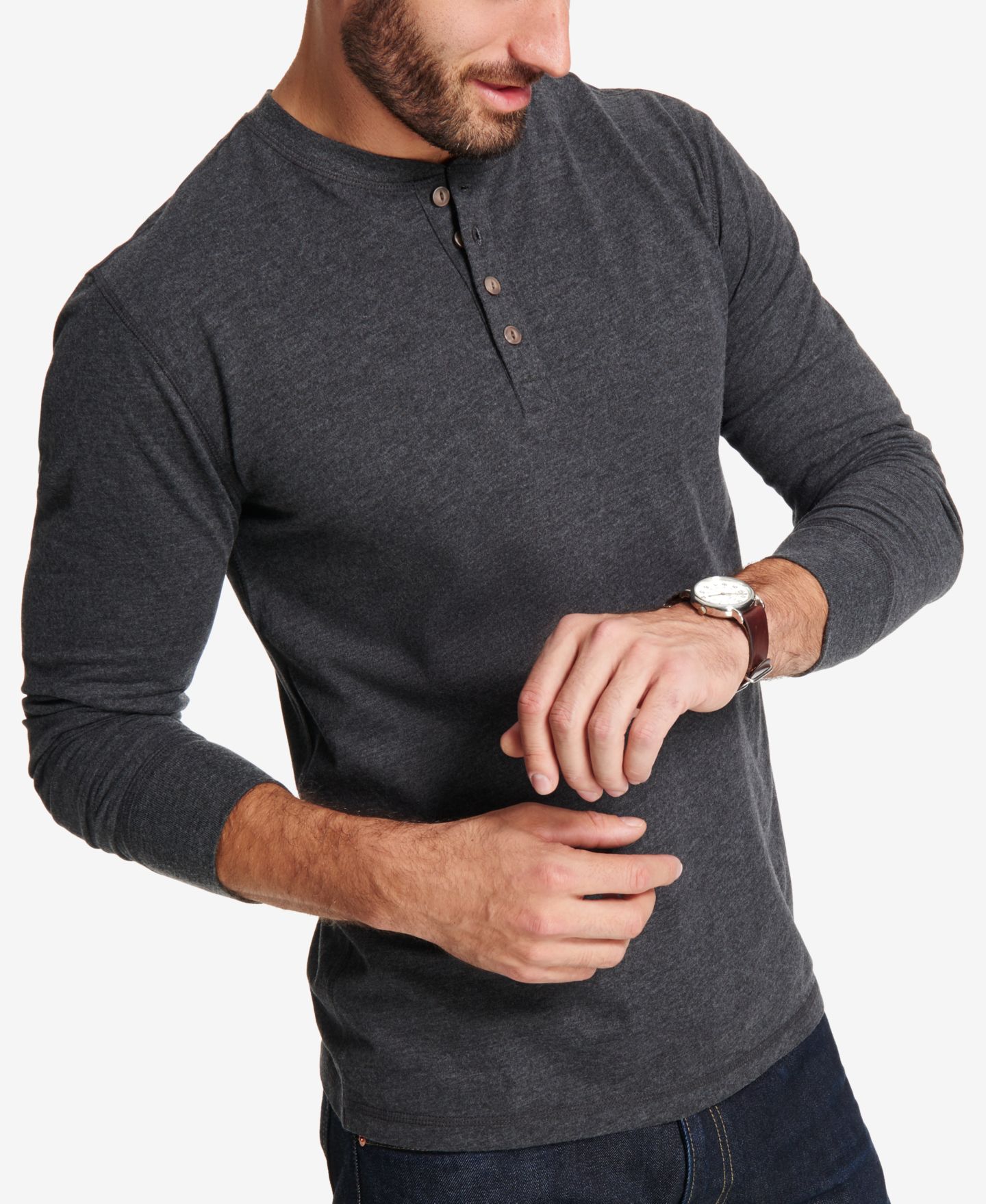 Мужская футболка Weatherproof Vintage Long Sleeve Brushed Jersey Henley, цвет: Чёрный меланжевый — фото 3