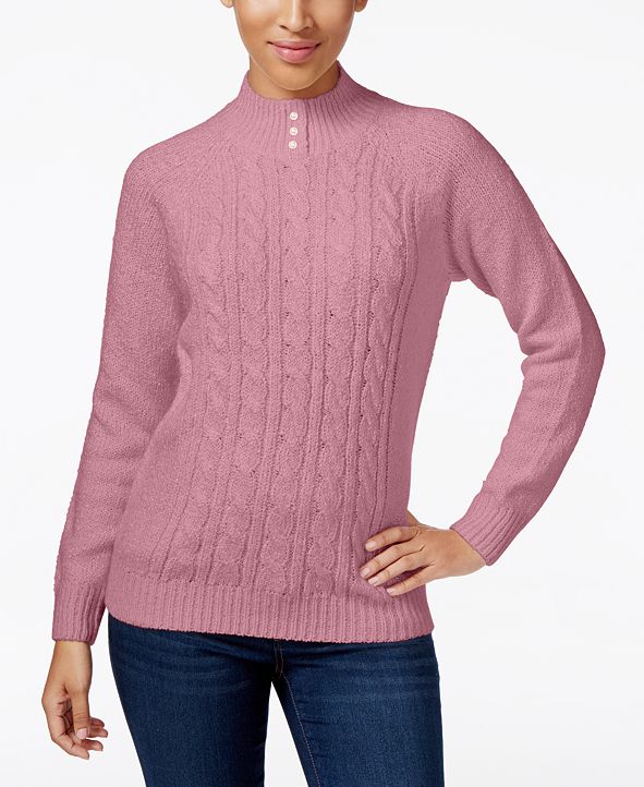 Karen Scott Cable-Knit Faux-Pearl-Button Sweater, Created for Macy's