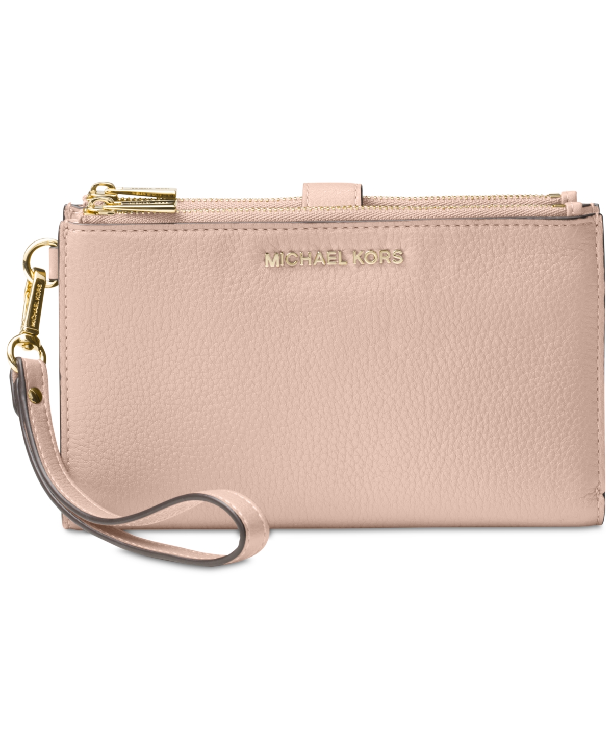 Michael Kors Michael  Adele Double-zip Pebble Leather Phone Wristlet In Soft Pink,gold