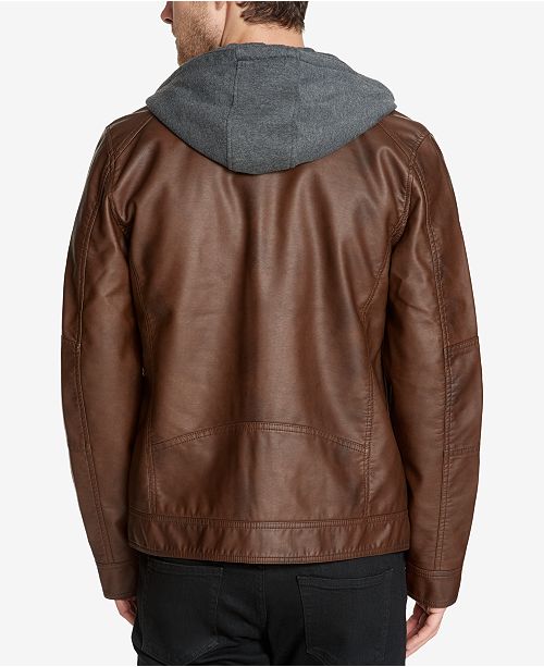 GUESS Men's FauxLeather DetachableHood Motorcycle Jacket Coats