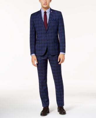 Nick Graham - Men's Slim-Fit Stretch Dark Blue Large Glen Plaid Suit