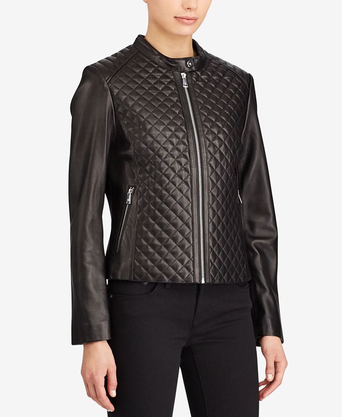 Lauren Ralph Lauren Petite Full-Zip Diamond-Quilted Leather Jacket - Macy's