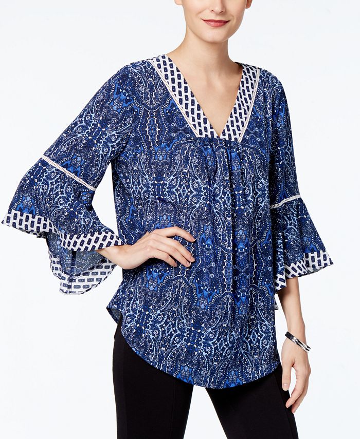 NY Collection Printed Angel-Sleeve Top - Macy's