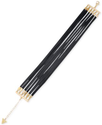 GUESS - Gold-Tone & Black Faux Leather Multi-Row Choker Necklace