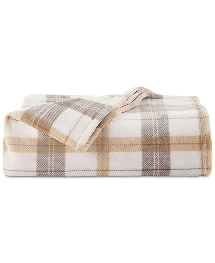Vellux Allen Plaid Printed Tan Full/Queen Plush Blanket Macy's