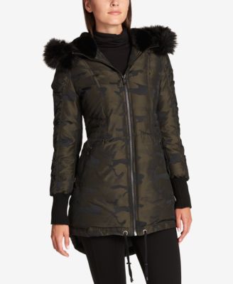 army print coat with fur hood