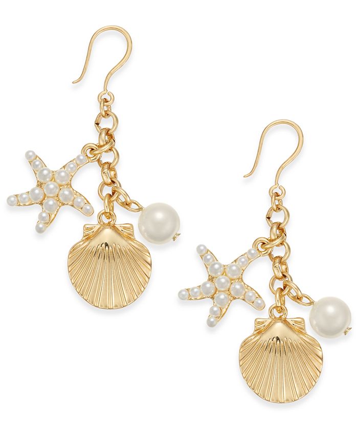 Charter Club Gold-Tone Imitation Pearl Sea Motif Drop Earrings, Created ...