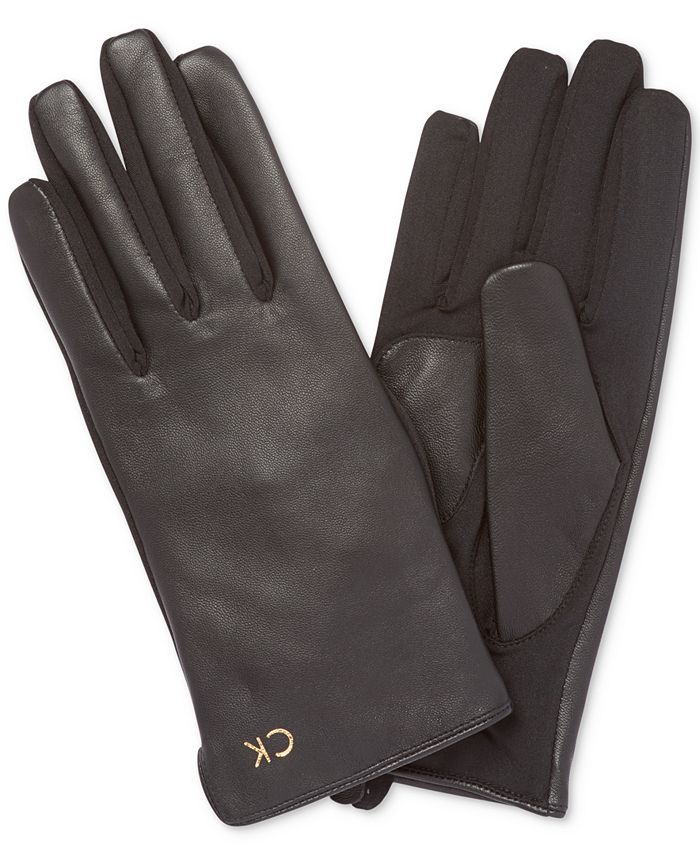 Calvin Klein Knit-Trim Leather Gloves - Macy's