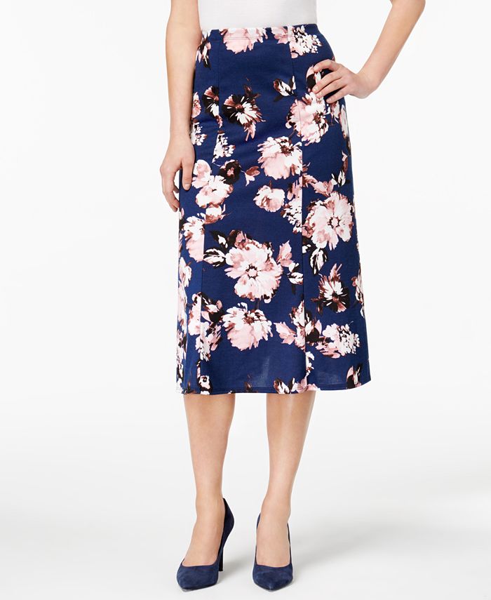 NY Collection Floral-Print Midi Skirt - Macy's