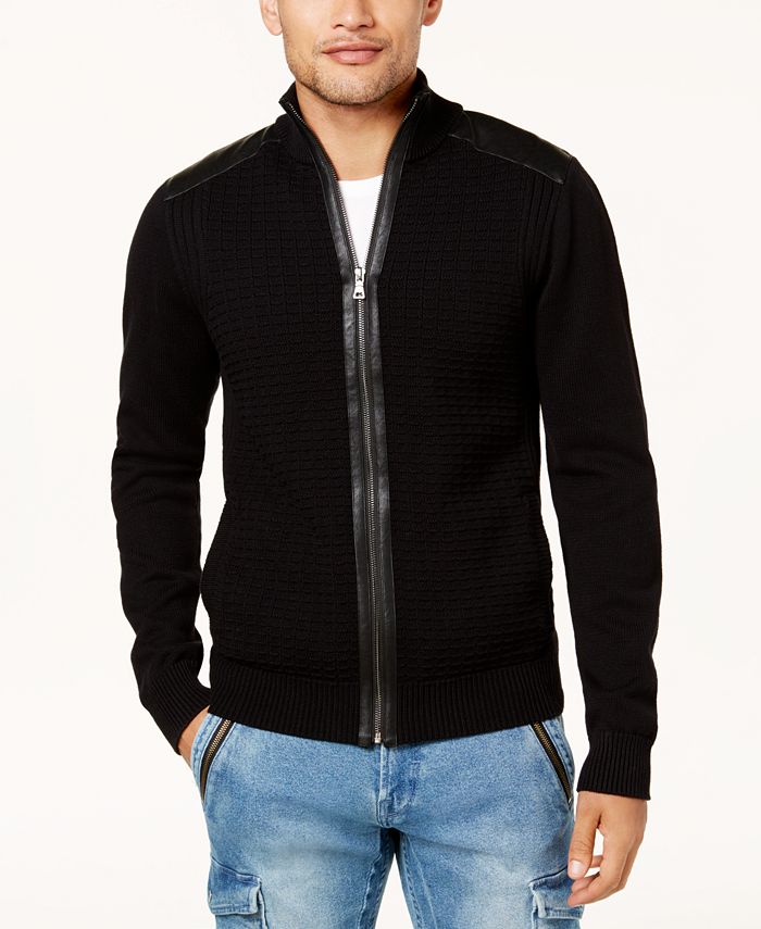 GUESS Men's Full-Zip Sweater with Faux-Leather Trim - Macy's