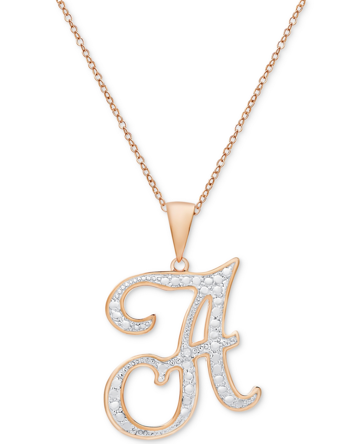 MACY'S DIAMOND ACCENT SCRIPT 18" INITIAL PENDANT NECKLACE IN SILVER PLATE, GOLD PLATE & ROSE GOLD PLATE 