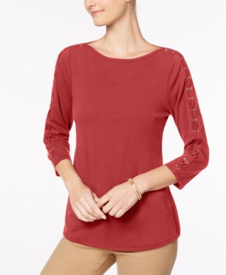Charter Club Womens Split Neck Short Sleeve Top Red Size Petite Small