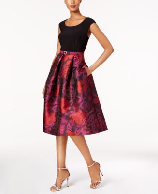 R & M Richards Belted Floral Brocade Fit & Flare Dress - Macy's