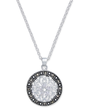 image of Marcasite & Crystal Flower Disc Pendant Necklace in Fine Silver-Plate