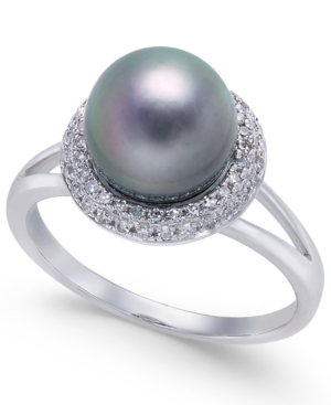 image of Cultured Tahitian Pearl (8mm) & Diamond (1/5 ct. t.w.) Halo Ring in 14k White Gold