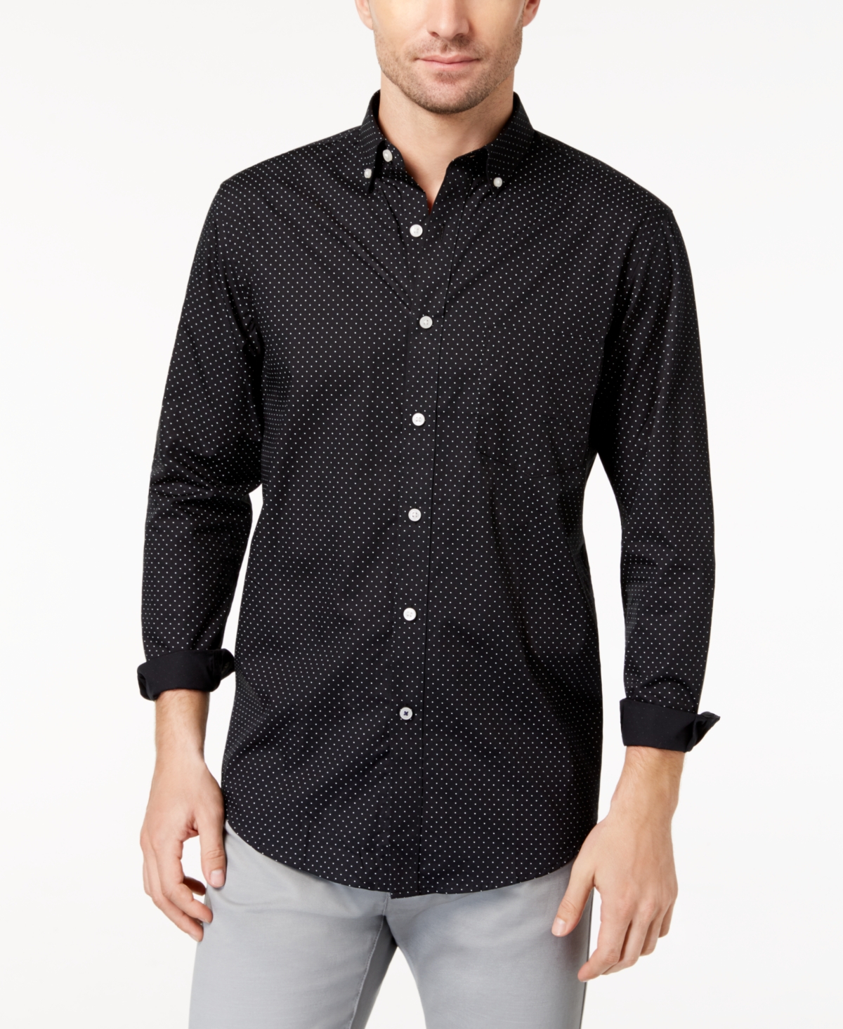 Men's Club Room Micro Dot Print Stretch Cotton Shirt, Created for Macy's - Deep Black