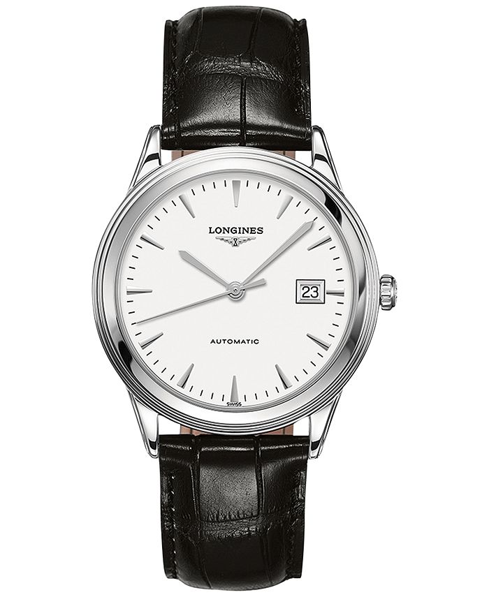 Longines Men's Swiss Automatic Flagship Black Leather Strap Watch 38 ...