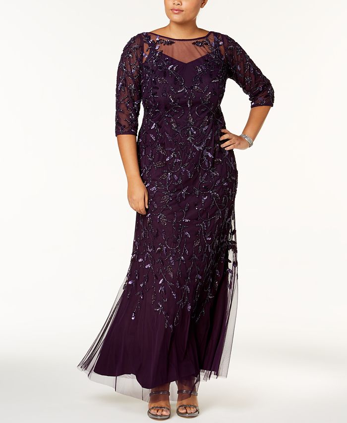 Adrianna Papell Plus Size Beaded Mesh Gown - Macy's