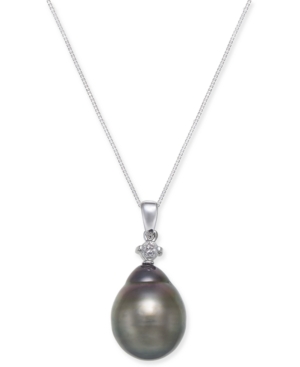 image of Cultured Baroque Tahitian Black Pearl (12mm) and Diamond (1/10 ct. t.w.) Pendant Necklace in 14k White Gold