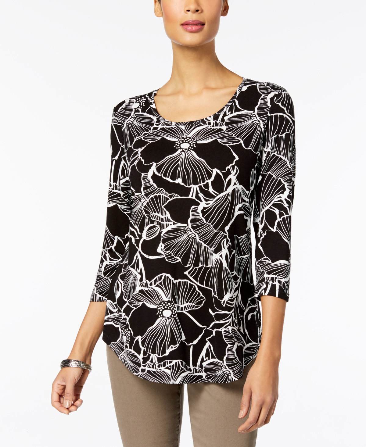 Petite 3/4-Sleeve Printed Top, Created for Macy's - Black Silhouette