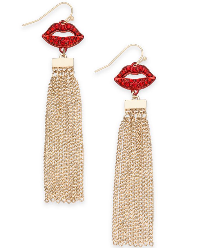 Thalia Sodi Gold Tone Red Crystal Lips Chain Tassel Drop