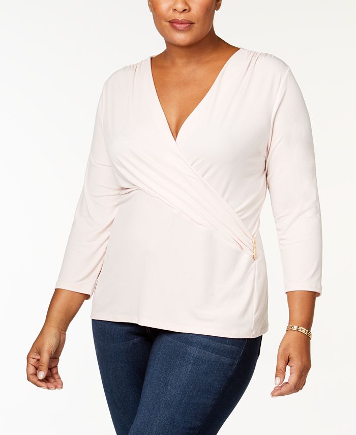 Charter Club Plus Size Faux-Wrap Hardware Top, Created for Macy's - Macy's