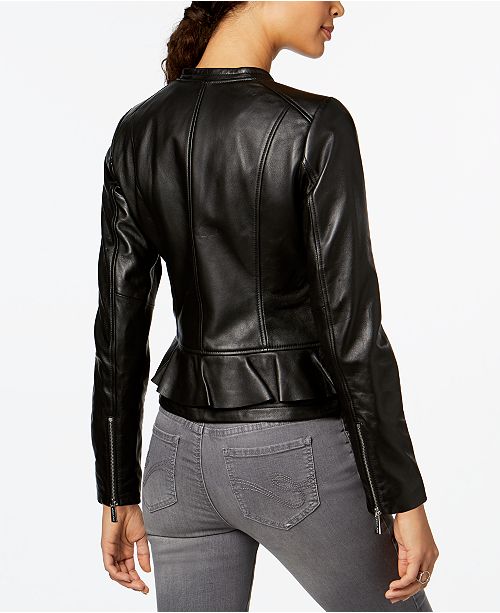 Michael Kors Leather Ruffle-Waist Moto Jacket - Coats - Women - Macy's