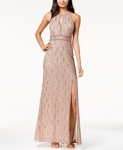 Morgan Company Juniors Sequined Glitter Lace Gown 