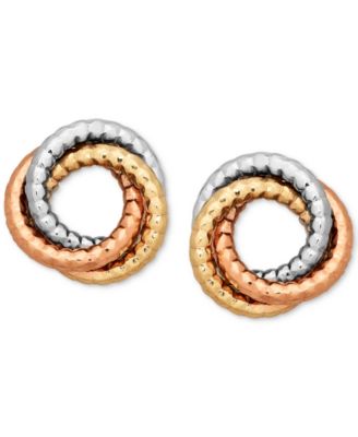 Italian Gold - Tri-Color Textured Love Knot Earrings in 14k Gold, White Gold & Rose Gold